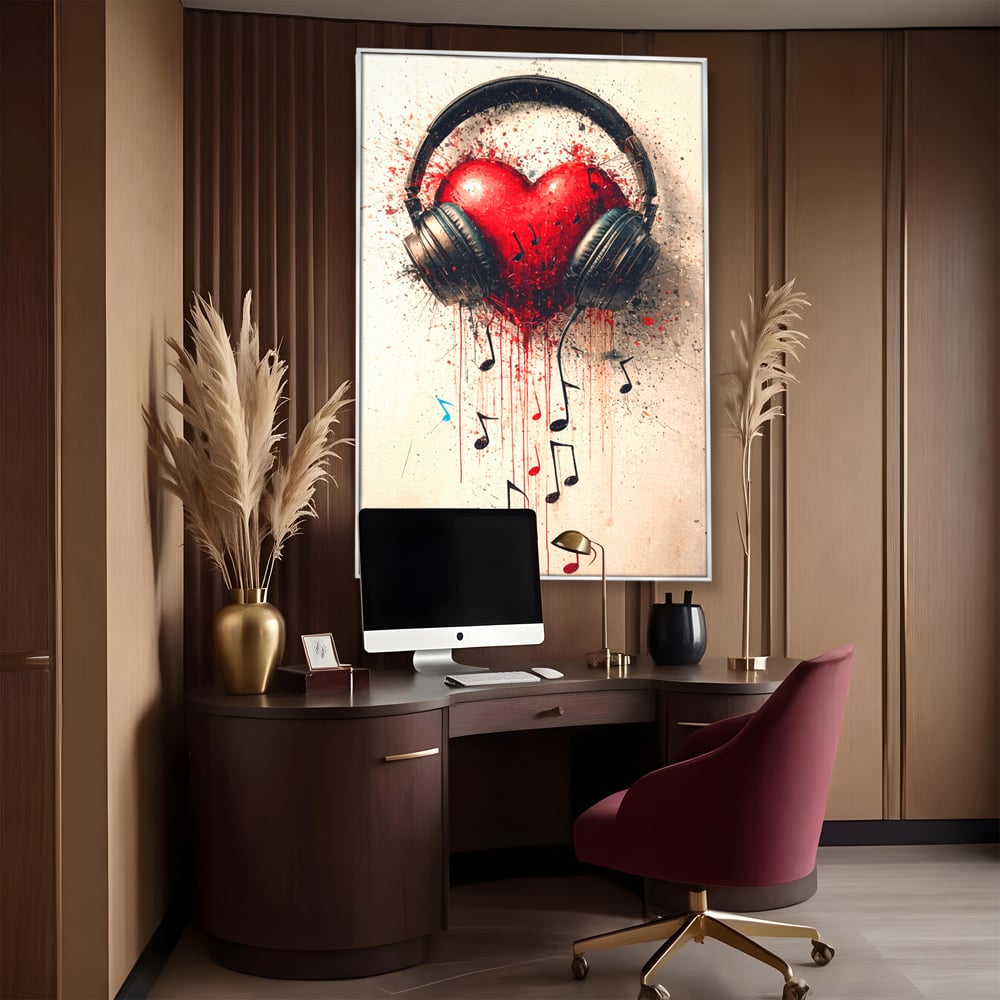 Tablou canvas cu tablou canvas cu inima rosie si casti audio, in rama de aluminiu argintiu, pe perete intr-un birou